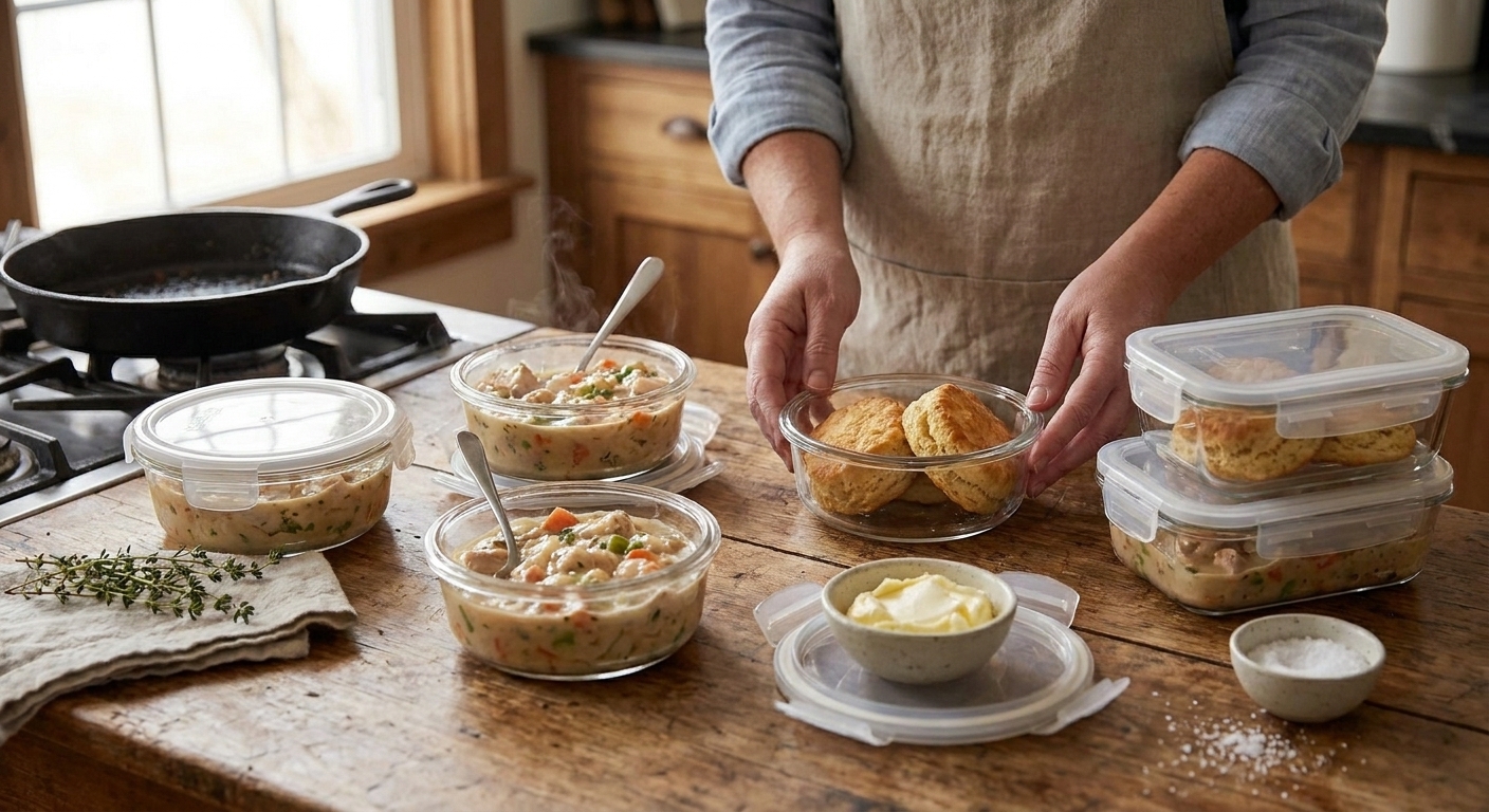 Glass meal prep containers holding leftover chicken with pan sauce and separate biscuits on a kitchen counter