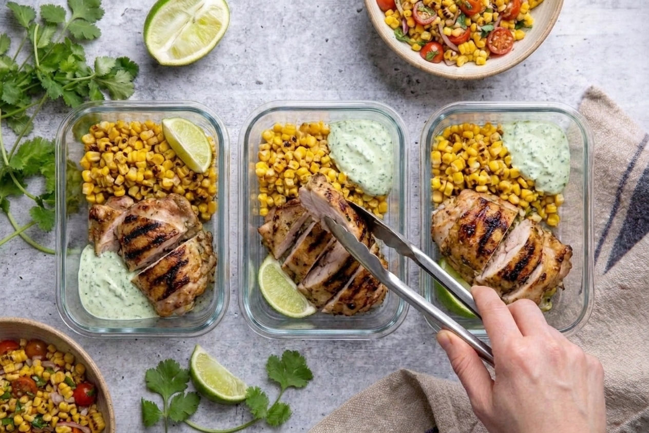 Glass meal prep containers holding sliced grilled chicken, charred corn, and green herb sauce on a kitchen counter