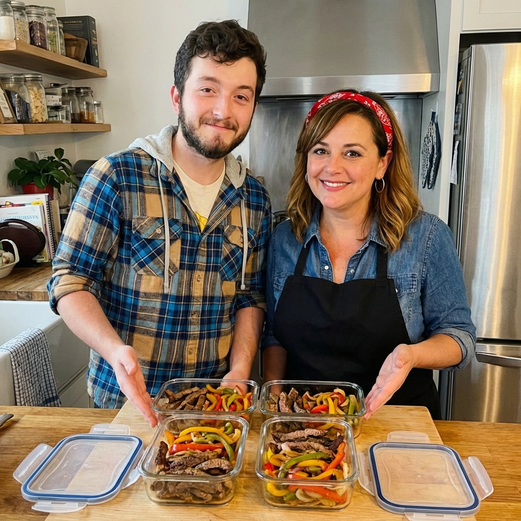Glass meal prep containers with leftover fajita steak and peppers ready to refrigerate