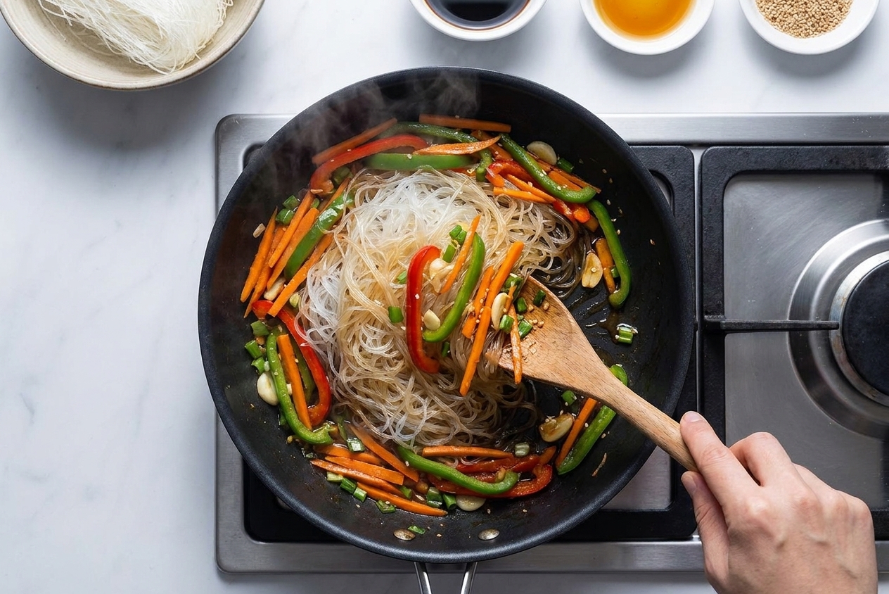 Glass noodles being tossed with sautéed vegetables in a black pan on a stovetop, with a wooden spoon mid-stir