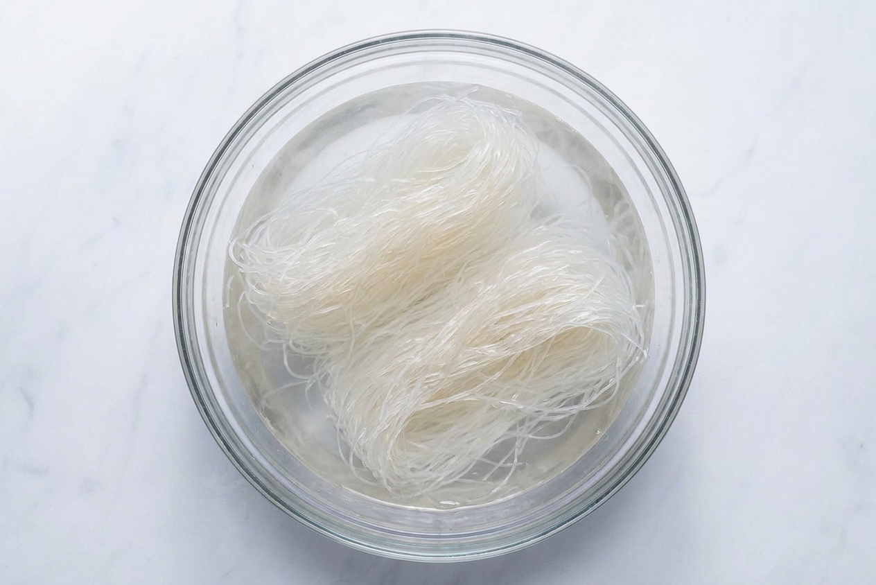 Glass noodles soaking in hot water in a clear bowl on a kitchen counter