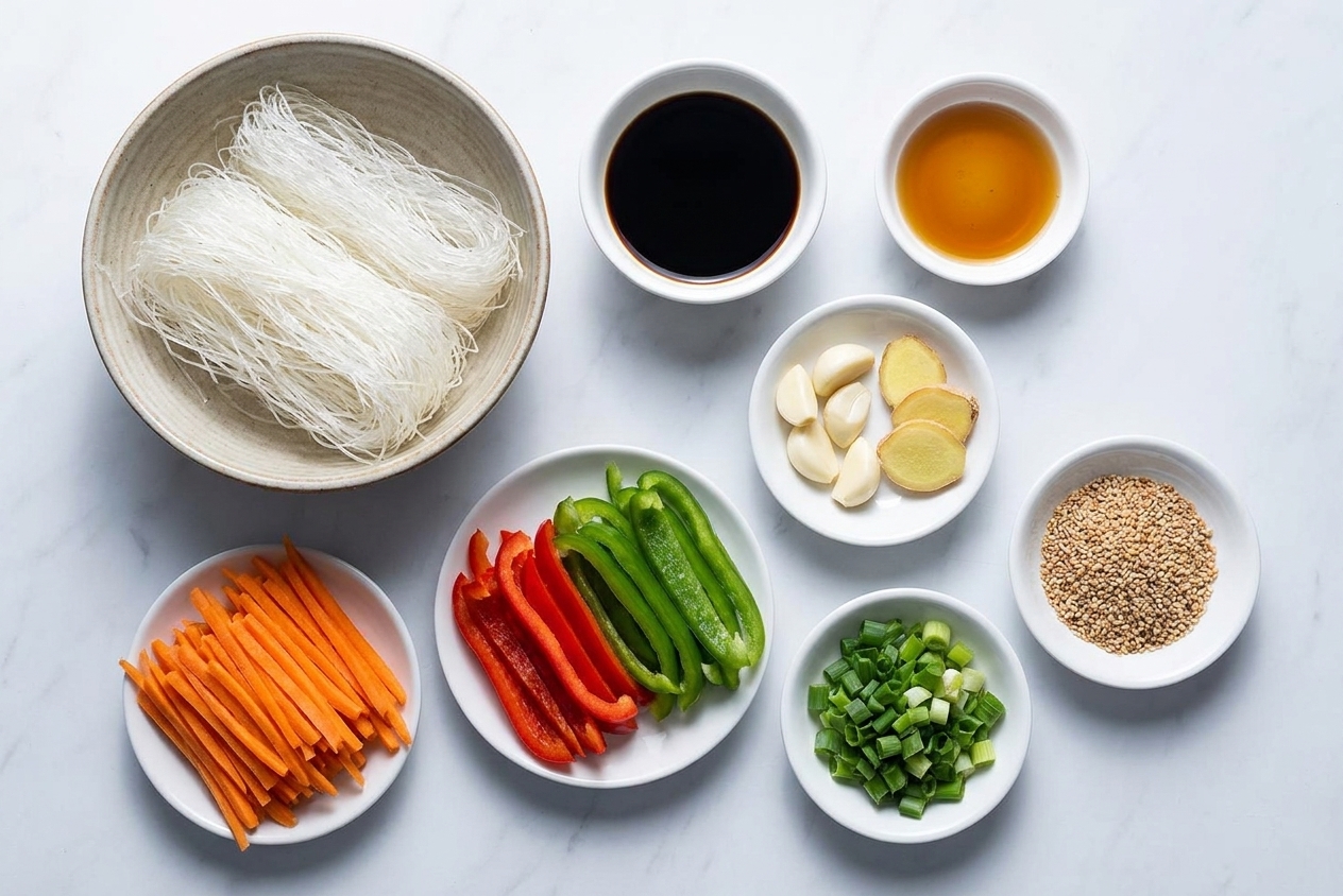 Glass noodles, soy sauce, sesame oil, garlic, ginger, carrots, bell pepper, green onions, and sesame seeds arranged neatly on a bright kitchen counter
