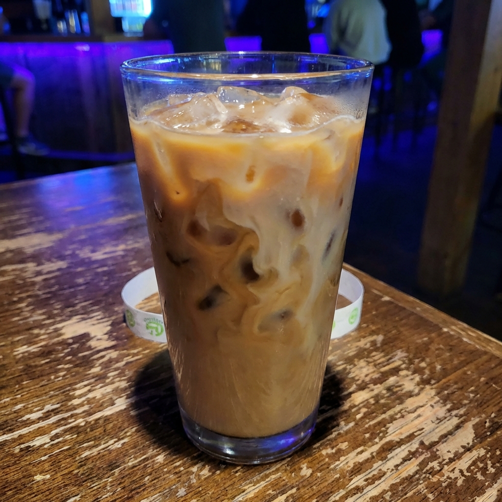 Glass of iced coffee with milk on a wooden table