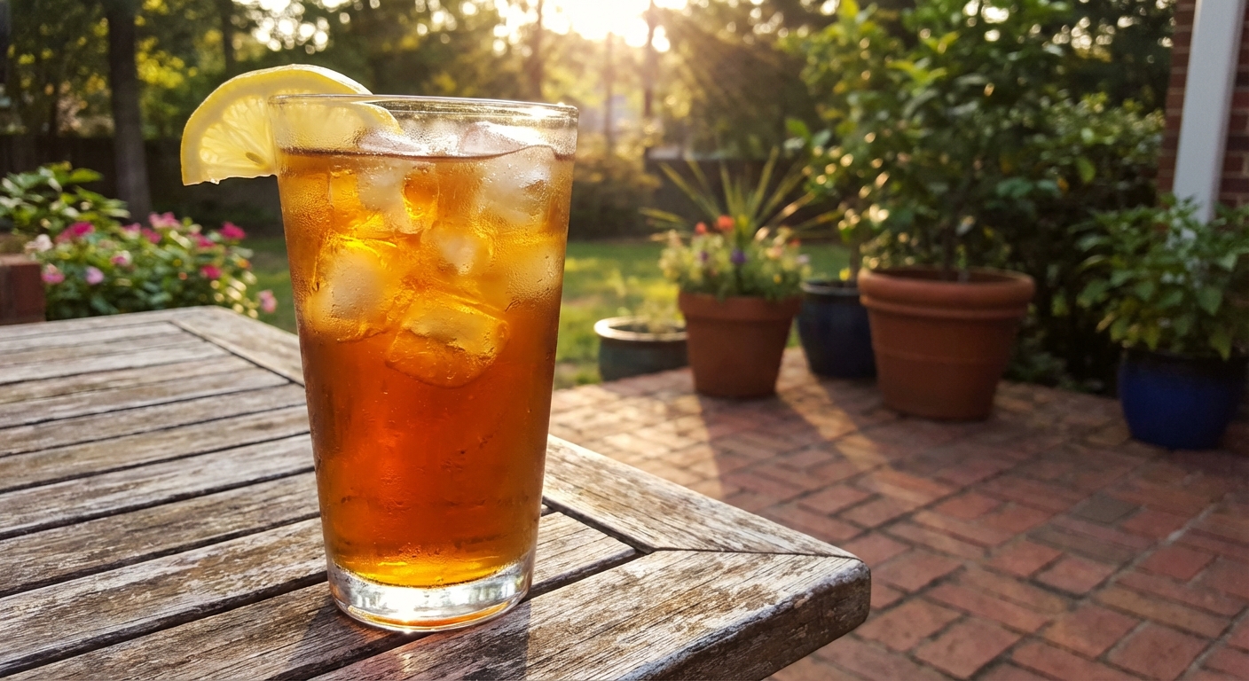 Glass of iced sweet tea with lemon on a patio table