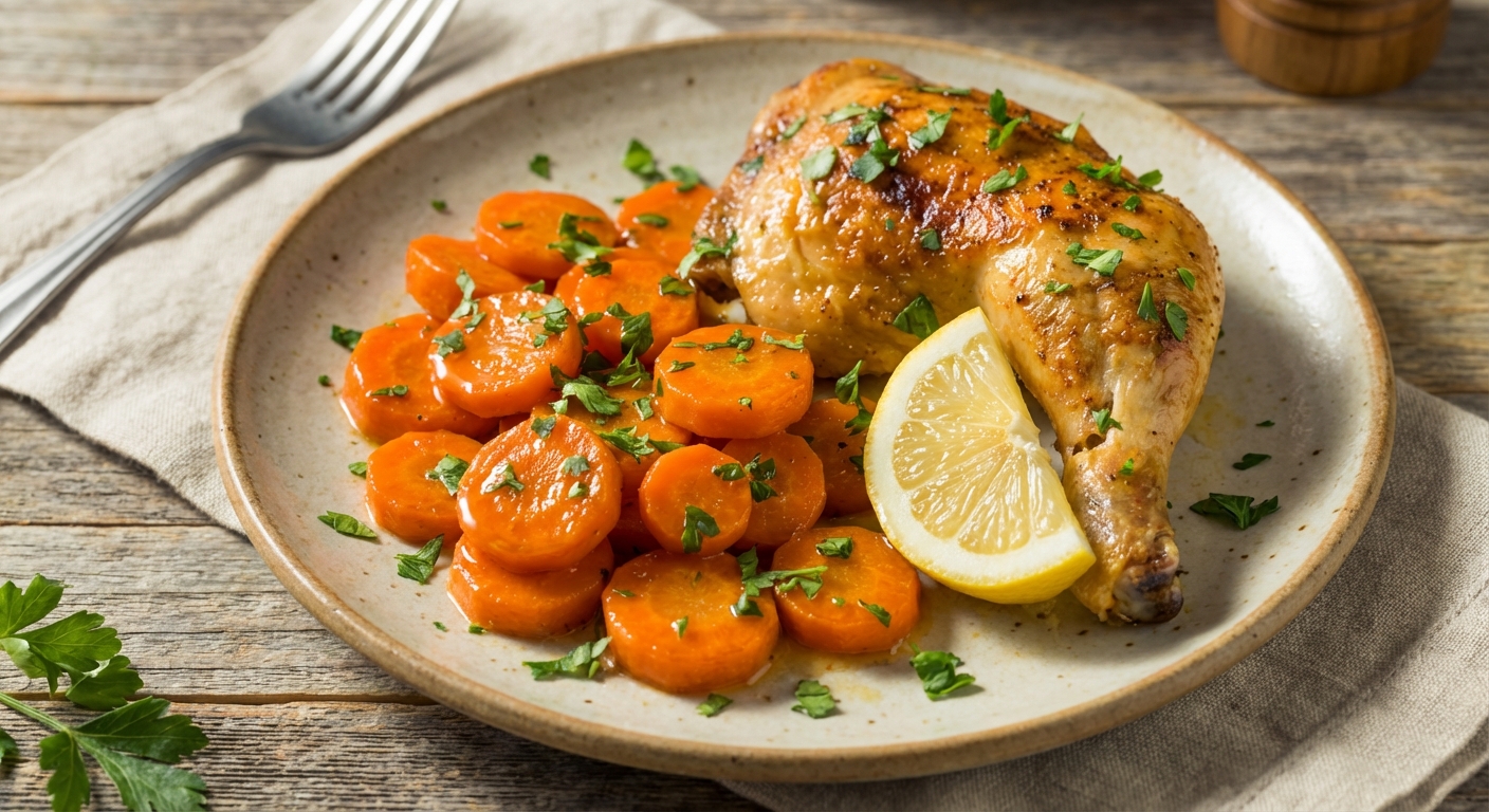 Glazed carrot slices plated next to roasted chicken with a lemon wedge and parsley scattered over the top