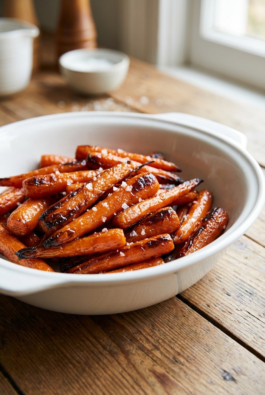 Glazed carrots in a white serving bowl with caramelized edges and a sprinkle of flaky salt on a wooden table