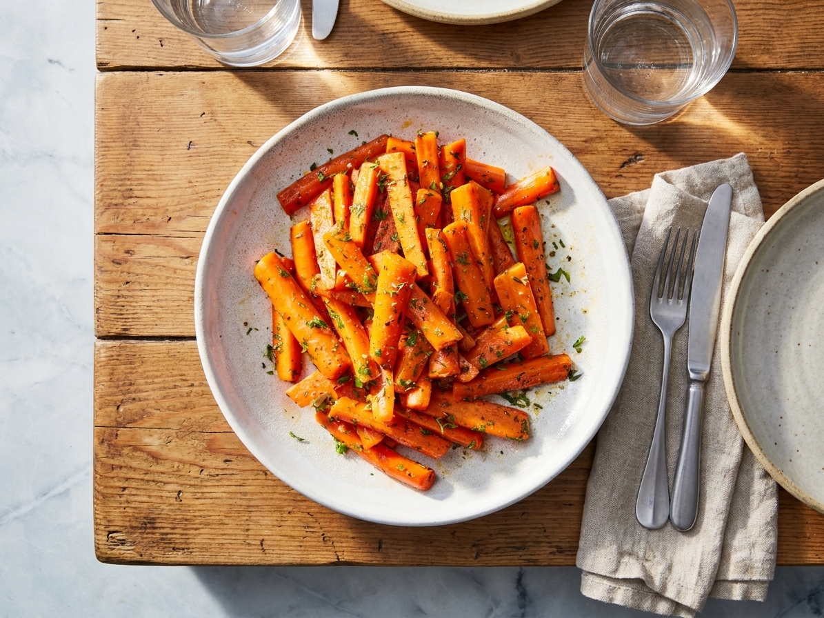 Glazed carrots served in a shallow bowl on a dinner table with simple weeknight place settings