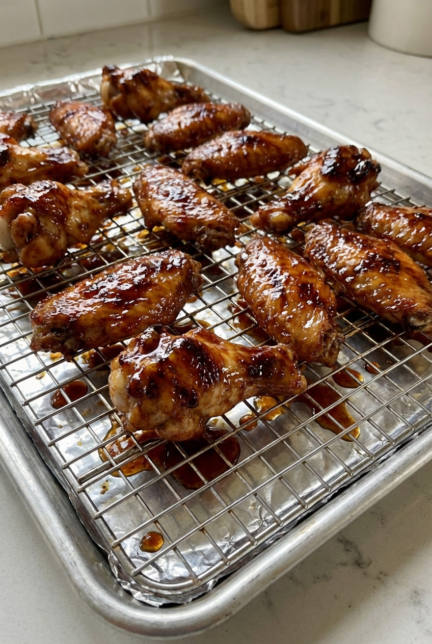 Glazed chicken wings resting on a wire rack over a sheet pan with a glossy sauce coating