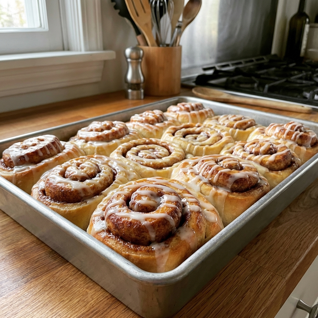 Glazed cinnamon rolls in a baking pan