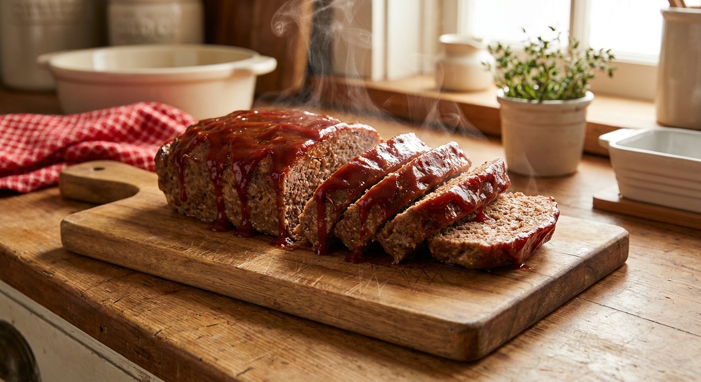 Glazed homestyle meatloaf sliced thick on a wooden cutting board, with glossy ketchup-brown sugar glaze and steam rising in a cozy kitchen
