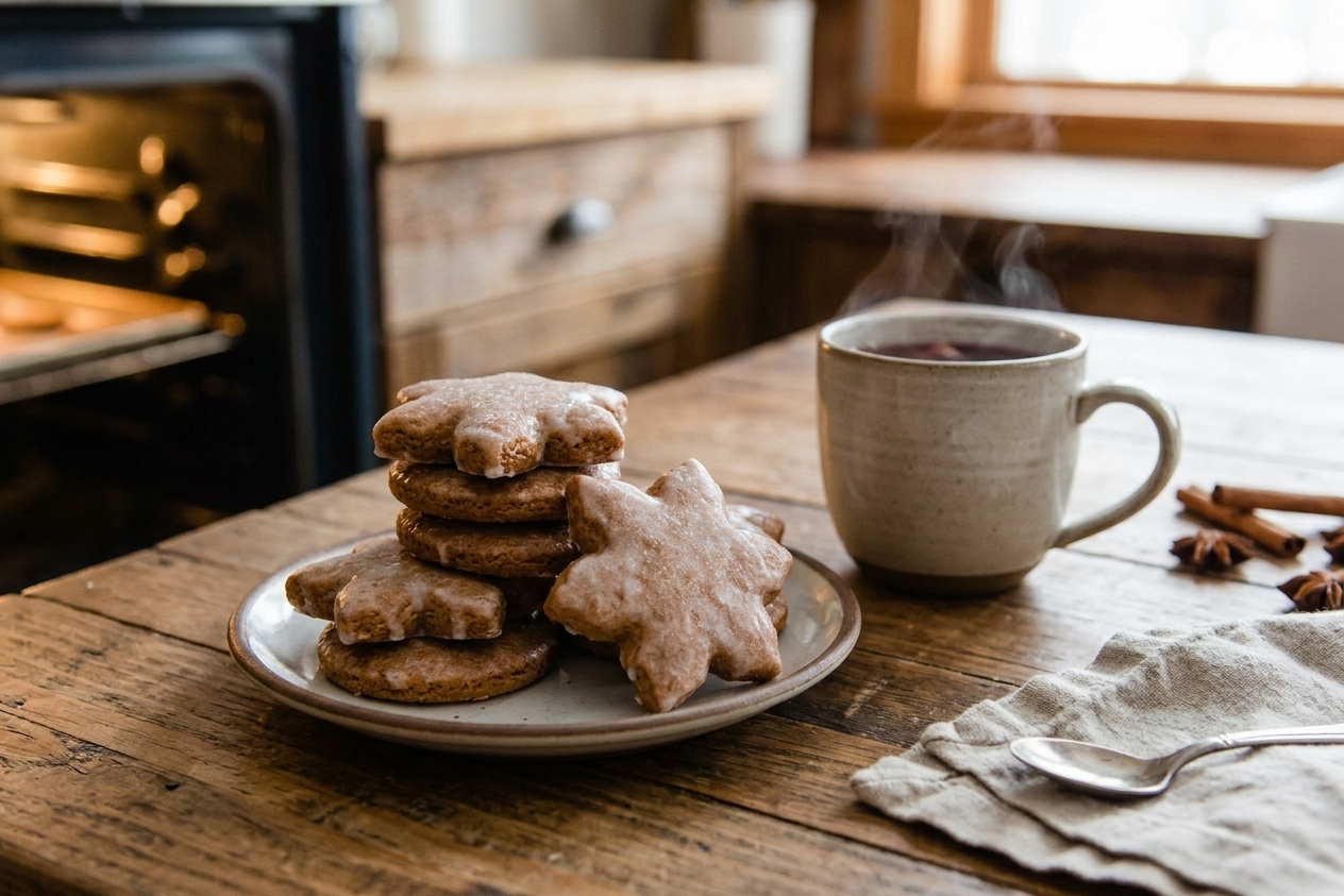 Glazed lebkuchen cookies stacked on a small plate with a mug nearby on a cozy kitchen table