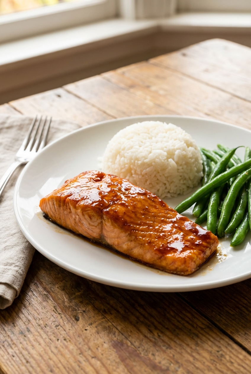Glazed salmon on a white plate with steamed rice and green beans