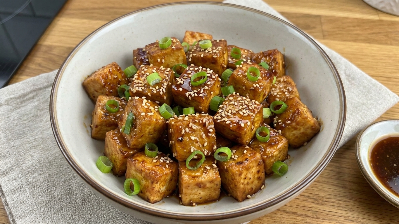 Glazed tofu cubes topped with sliced scallions and sesame seeds in a bowl