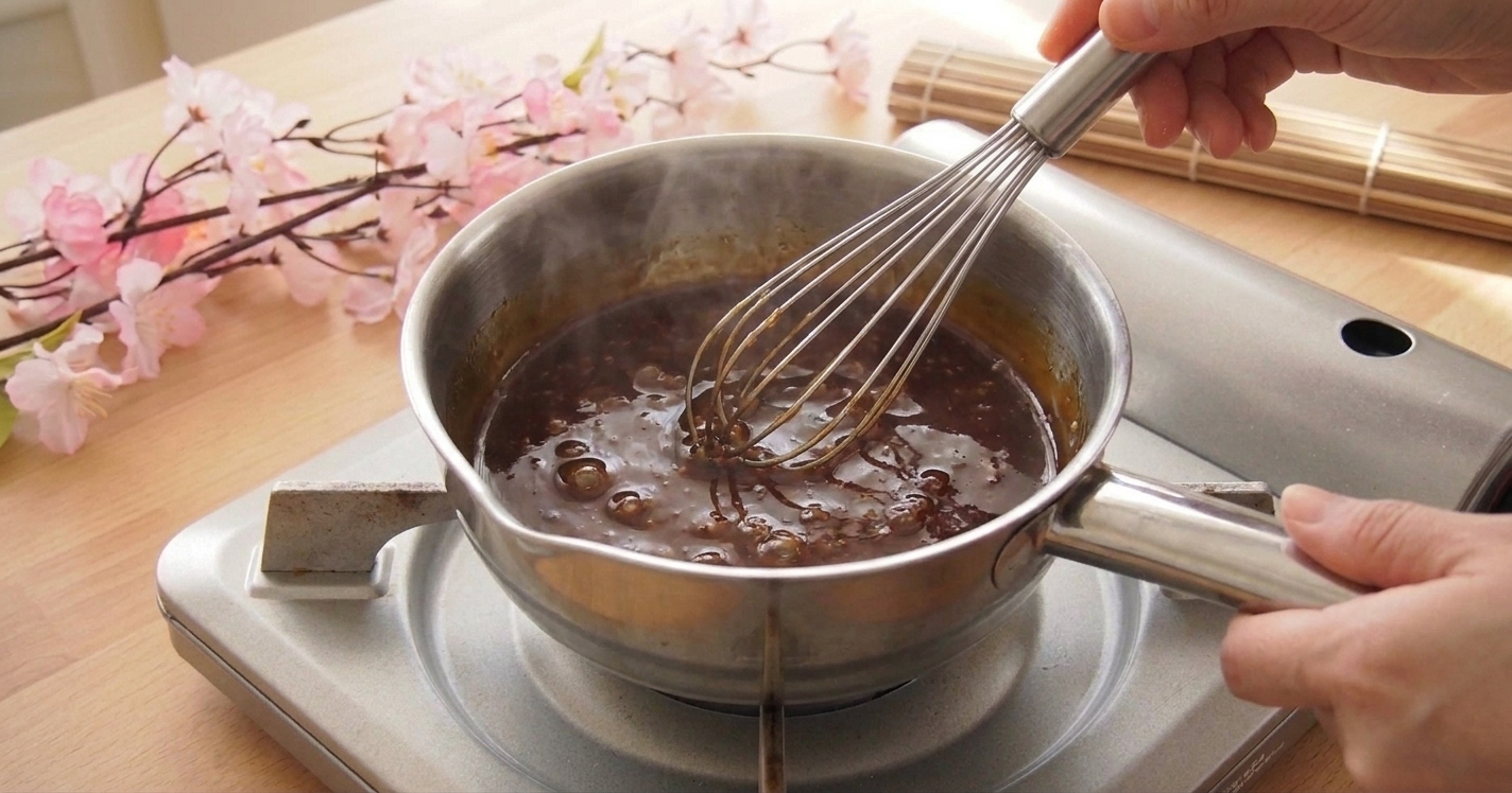 Glossy brown mitarashi glaze simmering in a small saucepan with a whisk