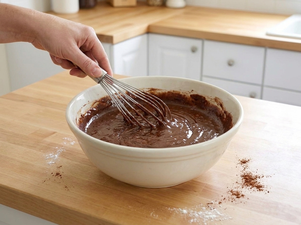 Glossy brownie batter being whisked in a large mixing bowl on a kitchen counter