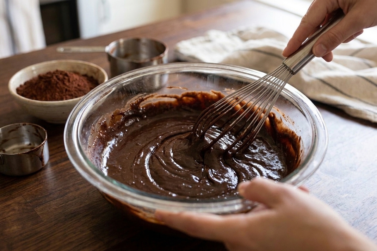 Glossy chocolate cupcake batter being whisked in a glass mixing bowl on a kitchen counter
