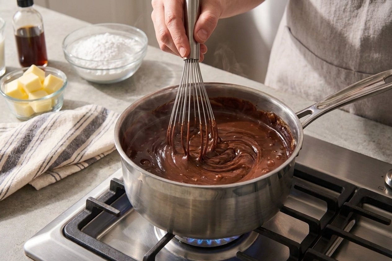 Glossy chocolate fudge frosting being whisked in a saucepan on a stovetop
