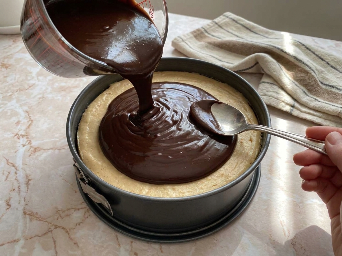 Glossy chocolate ganache being poured onto a chilled peanut butter cheesecake, with a spoon ready to spread it evenly