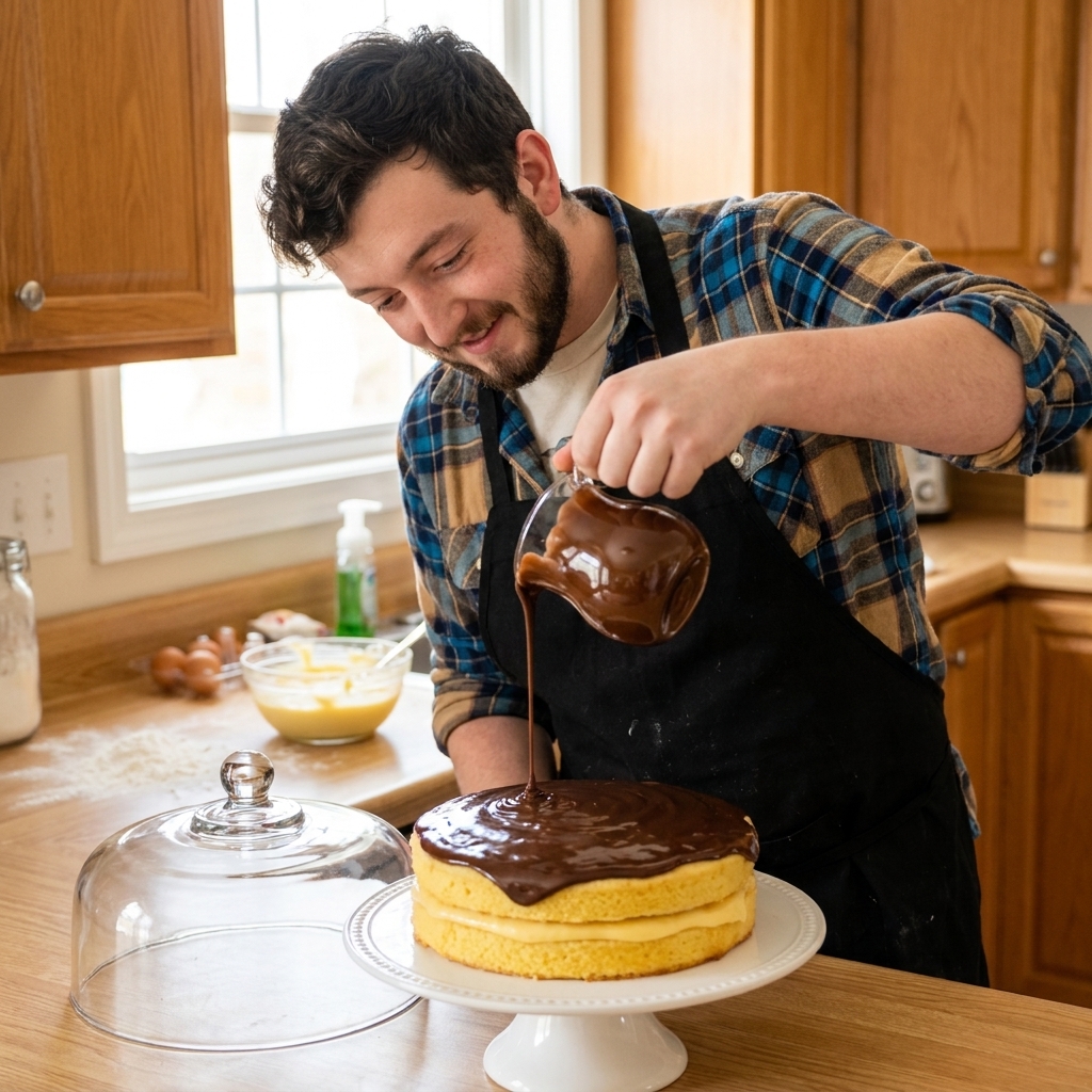 Glossy chocolate ganache being poured onto the center of a layered Boston cream pie on a cake stand, with ganache spreading toward the edges in a bright kitchen