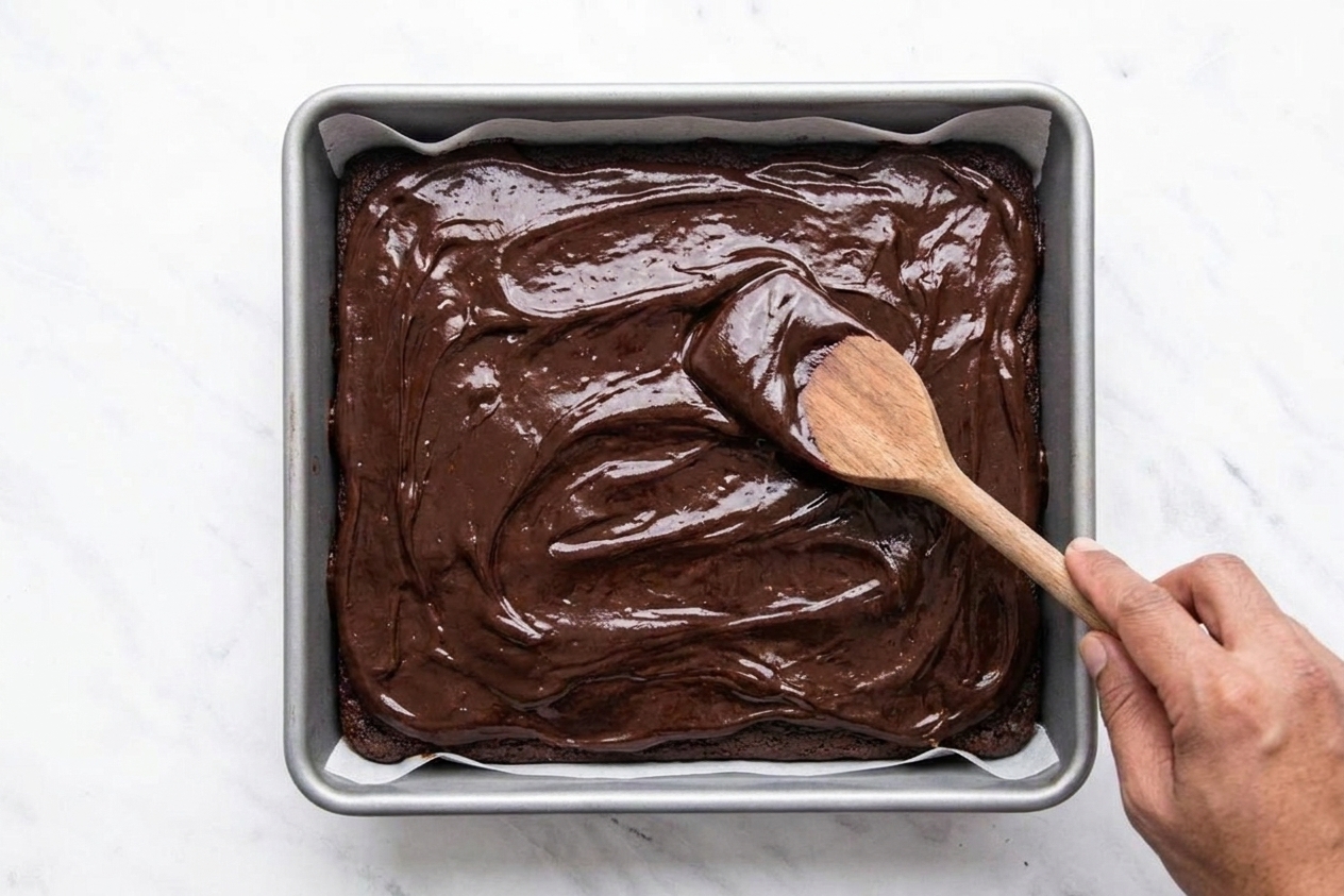 Glossy chocolate ganache spread over cooled brownies in a parchment-lined pan