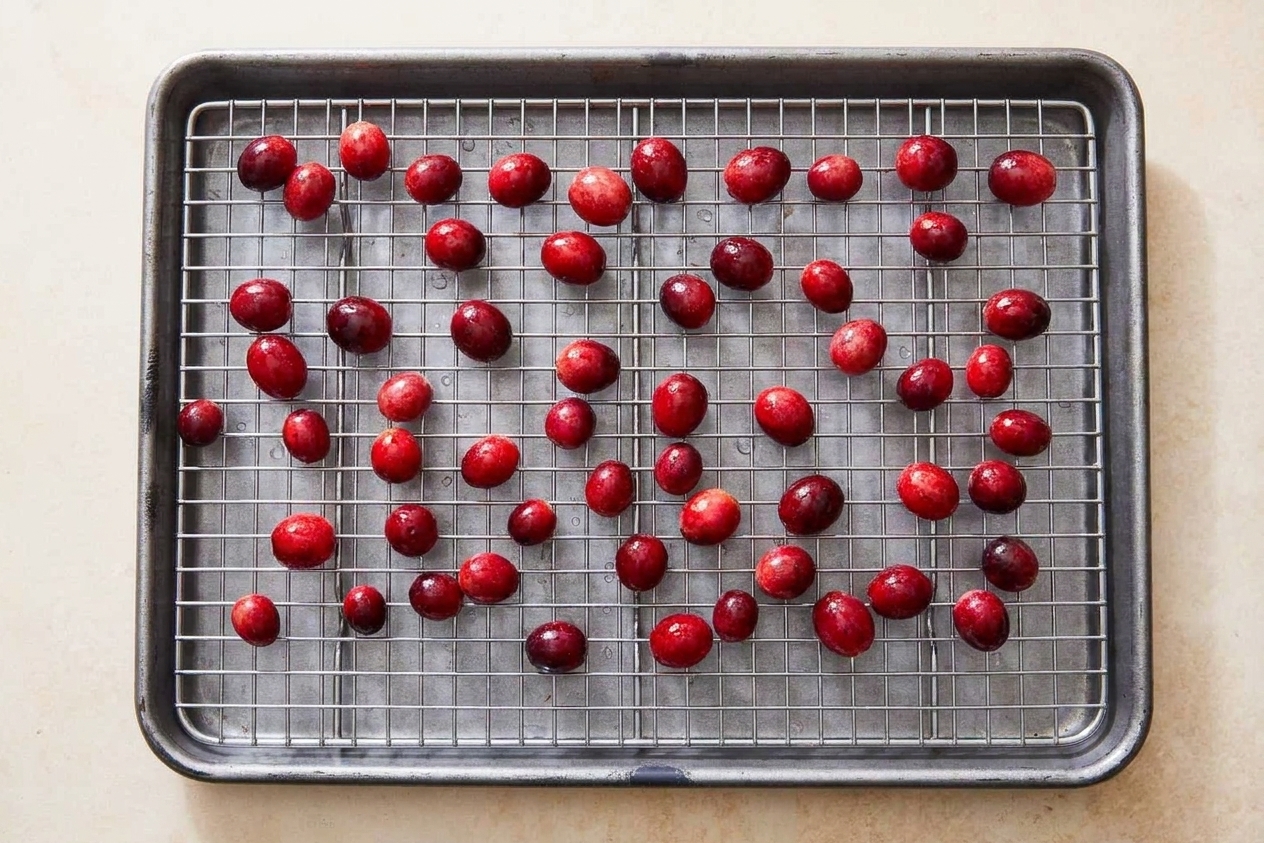 Glossy cranberries drying in a single layer on a wire rack set over a sheet pan in a home kitchen