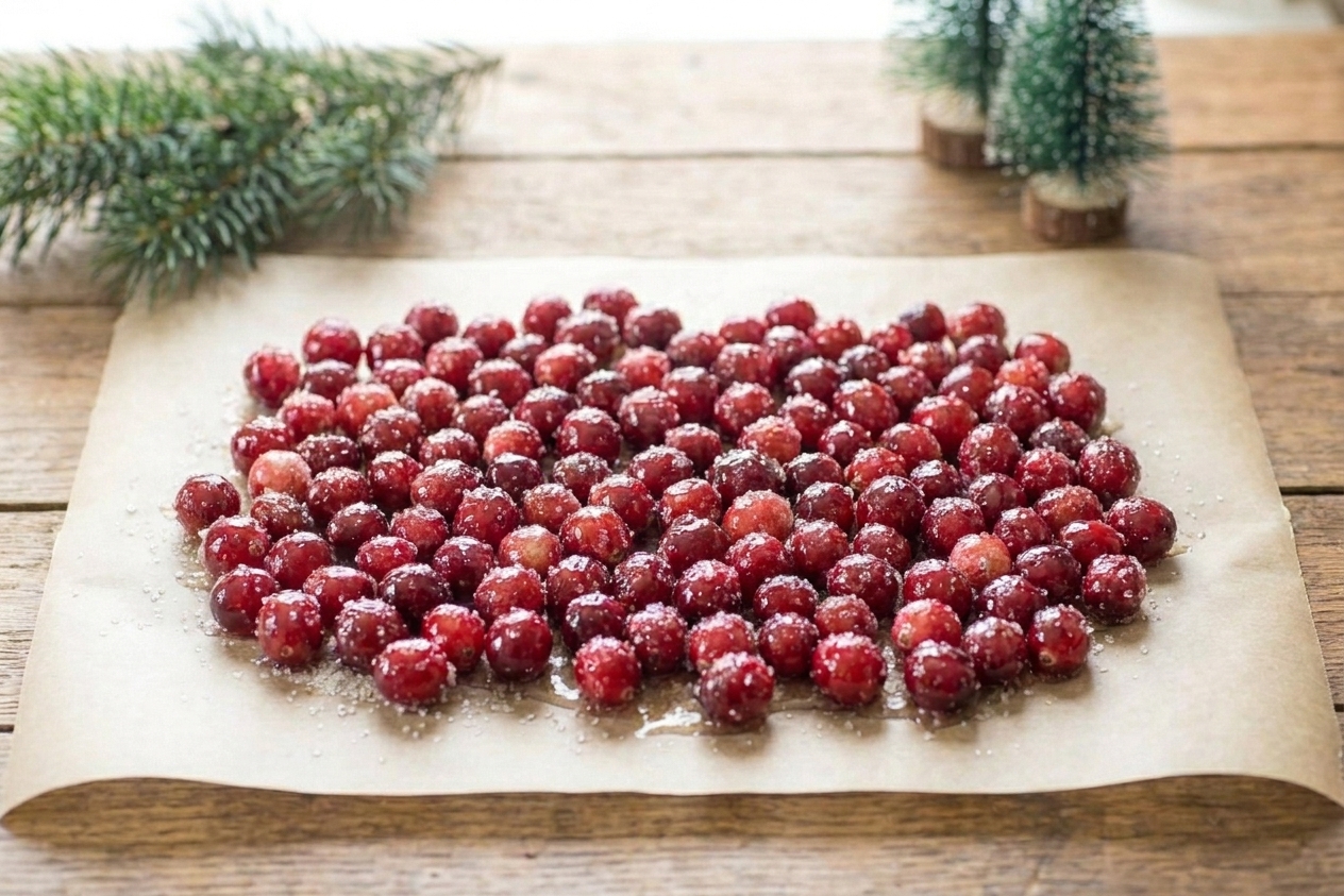 Glossy cranberries spread in a single layer on parchment paper to dry on a kitchen counter