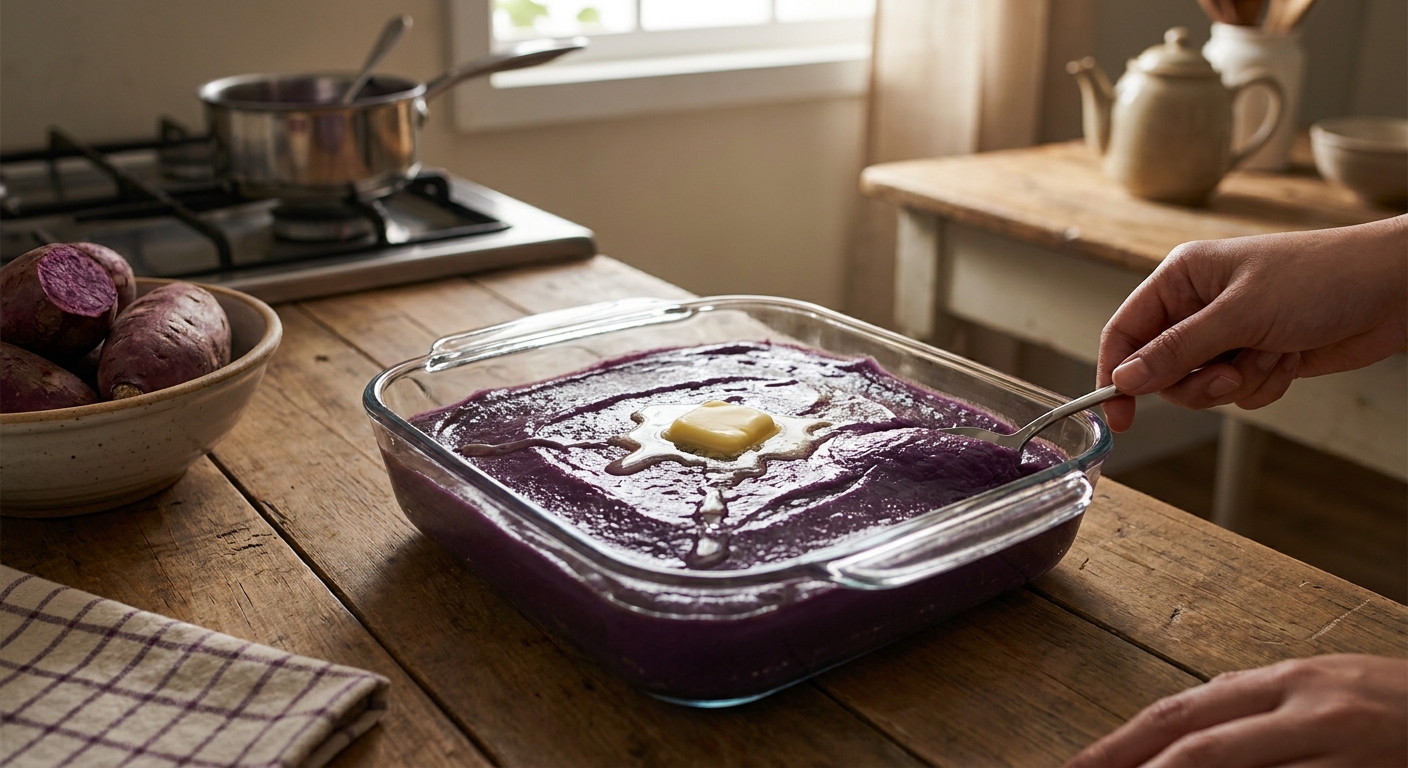 Glossy deep purple ube halaya smoothed into a glass baking dish on a warm kitchen counter, with a small pat of butter melting on top