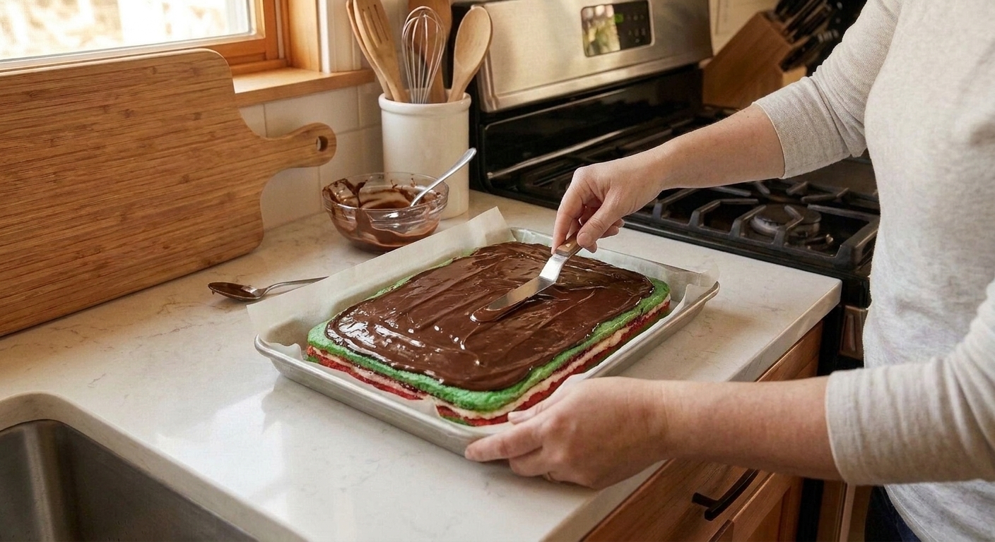 Glossy melted chocolate being spread into a thin layer over the top of a pressed rainbow cookie slab on parchment