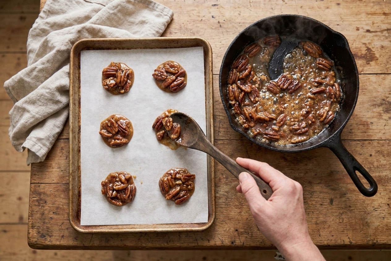 Glossy pecan praline mixture being portioned onto parchment paper on a sheet pan