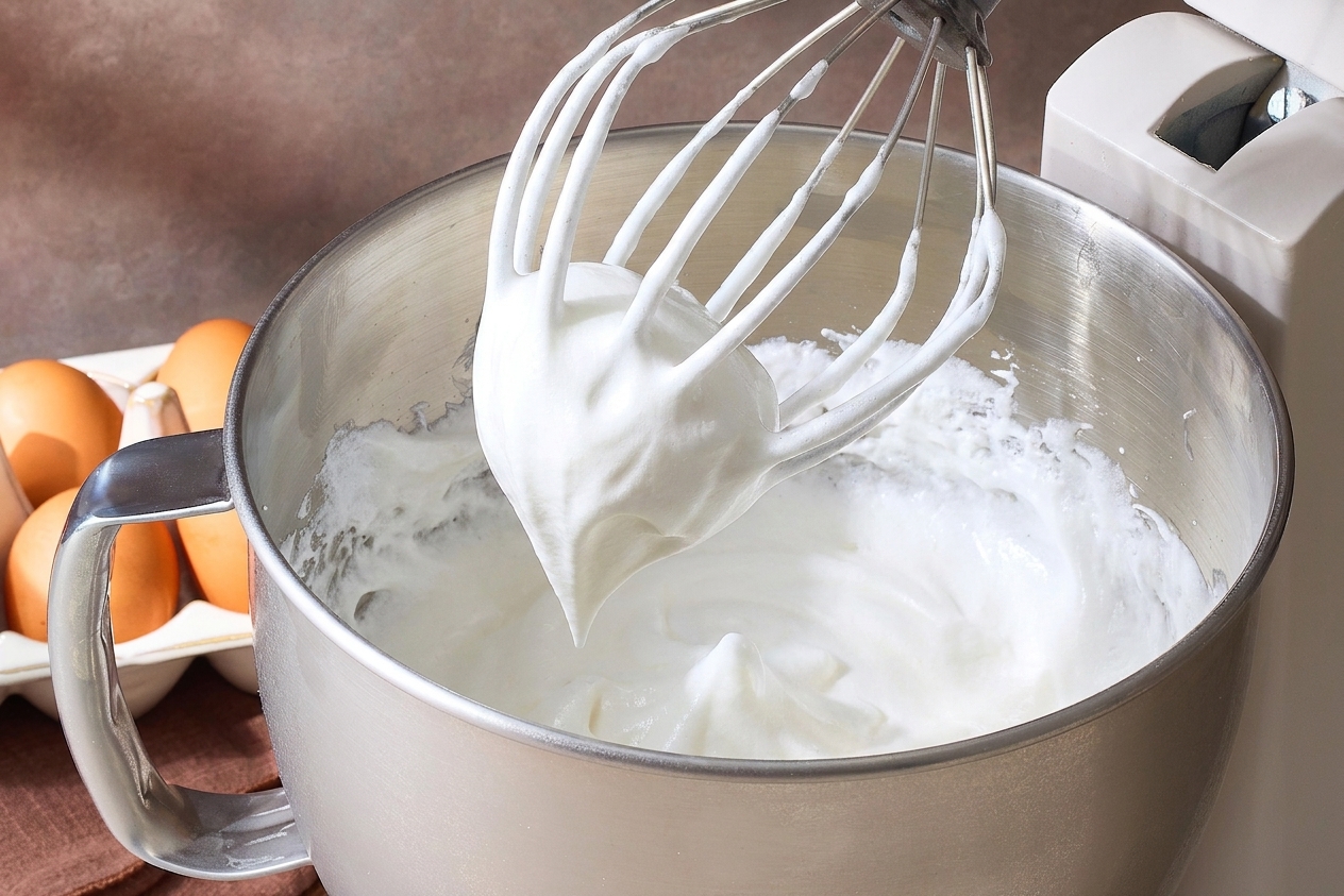 Glossy stiff-peak meringue clinging to a whisk attachment over a mixing bowl