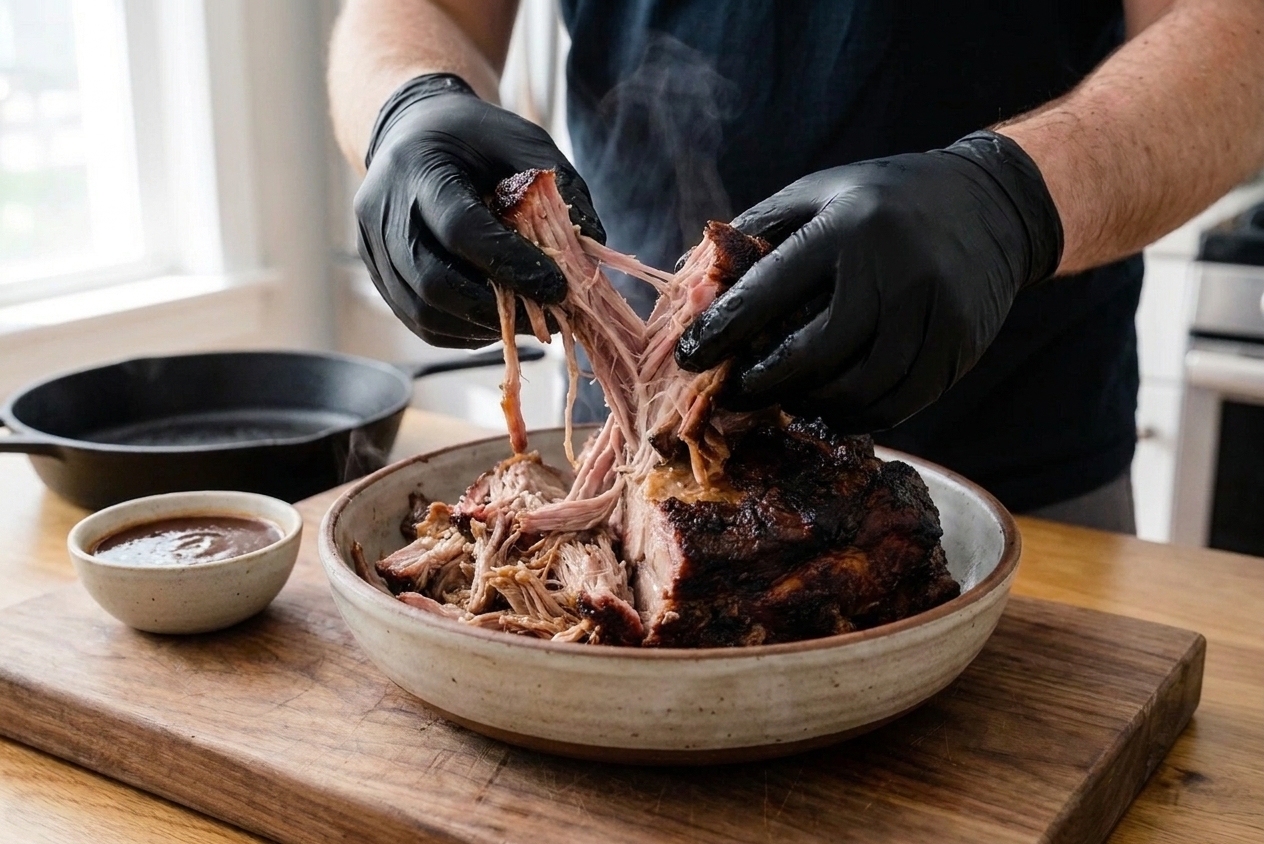 Gloved hands pulling apart tender smoked pork shoulder into juicy strands in a large bowl on a kitchen counter