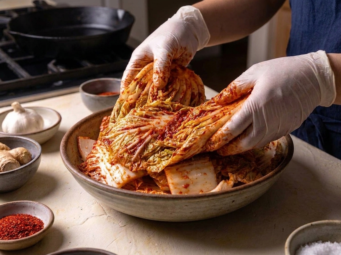 Gloved hands tossing napa cabbage with red kimchi paste in a large bowl until the leaves are evenly coated