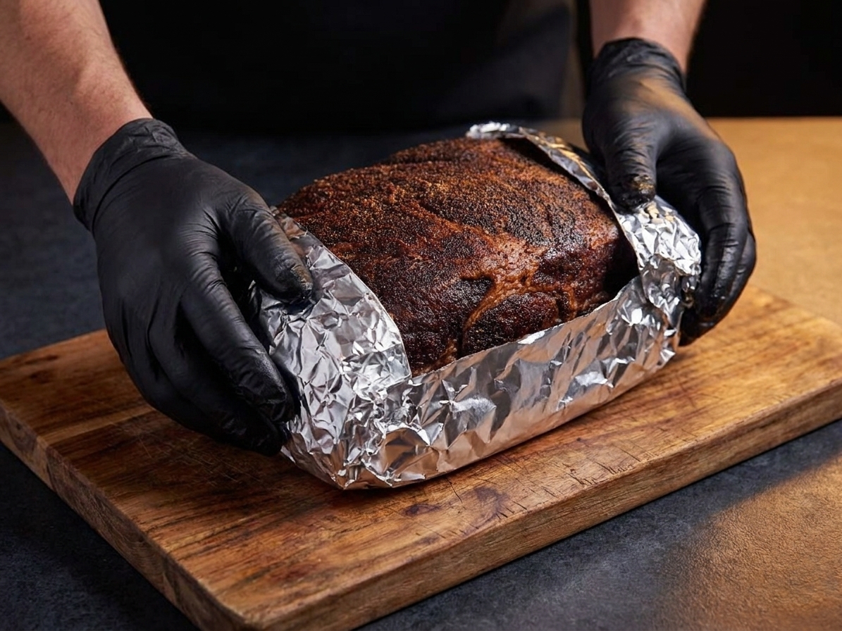 Gloved hands wrapping a smoked pork shoulder tightly in heavy-duty aluminum foil on a wooden cutting board