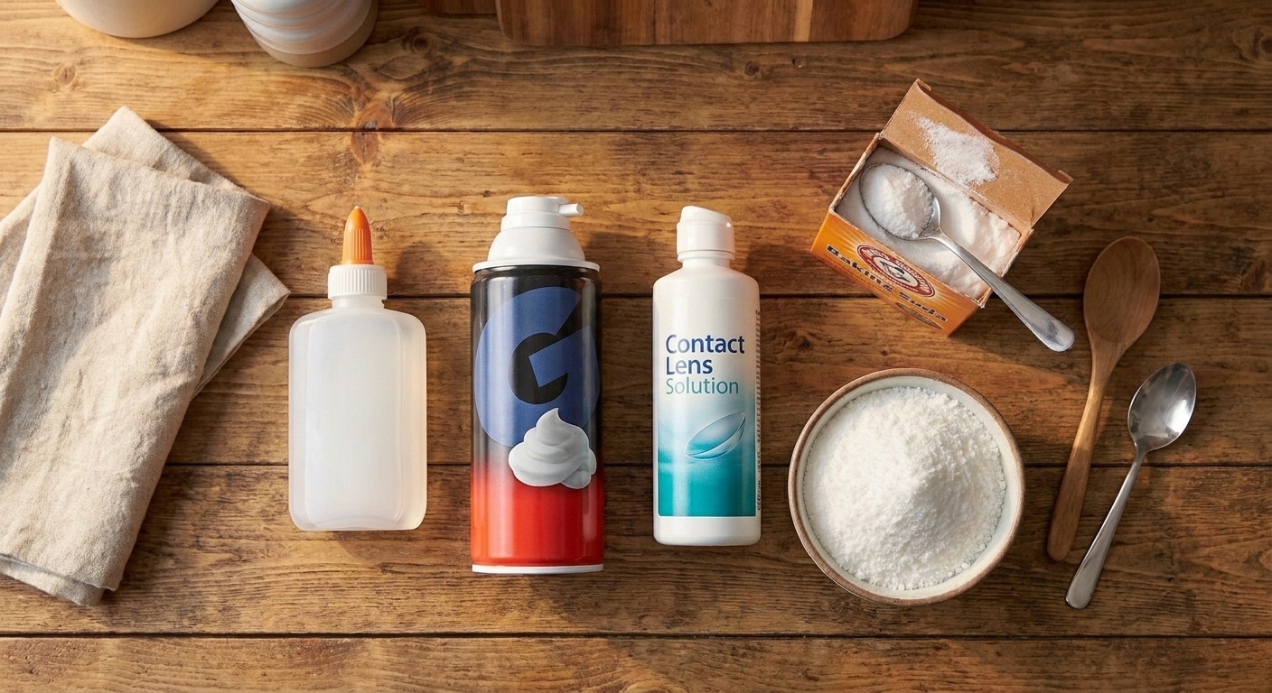 Glue, shaving cream, contact lens solution, baking soda, and instant snow laid out on a clean kitchen counter in natural light