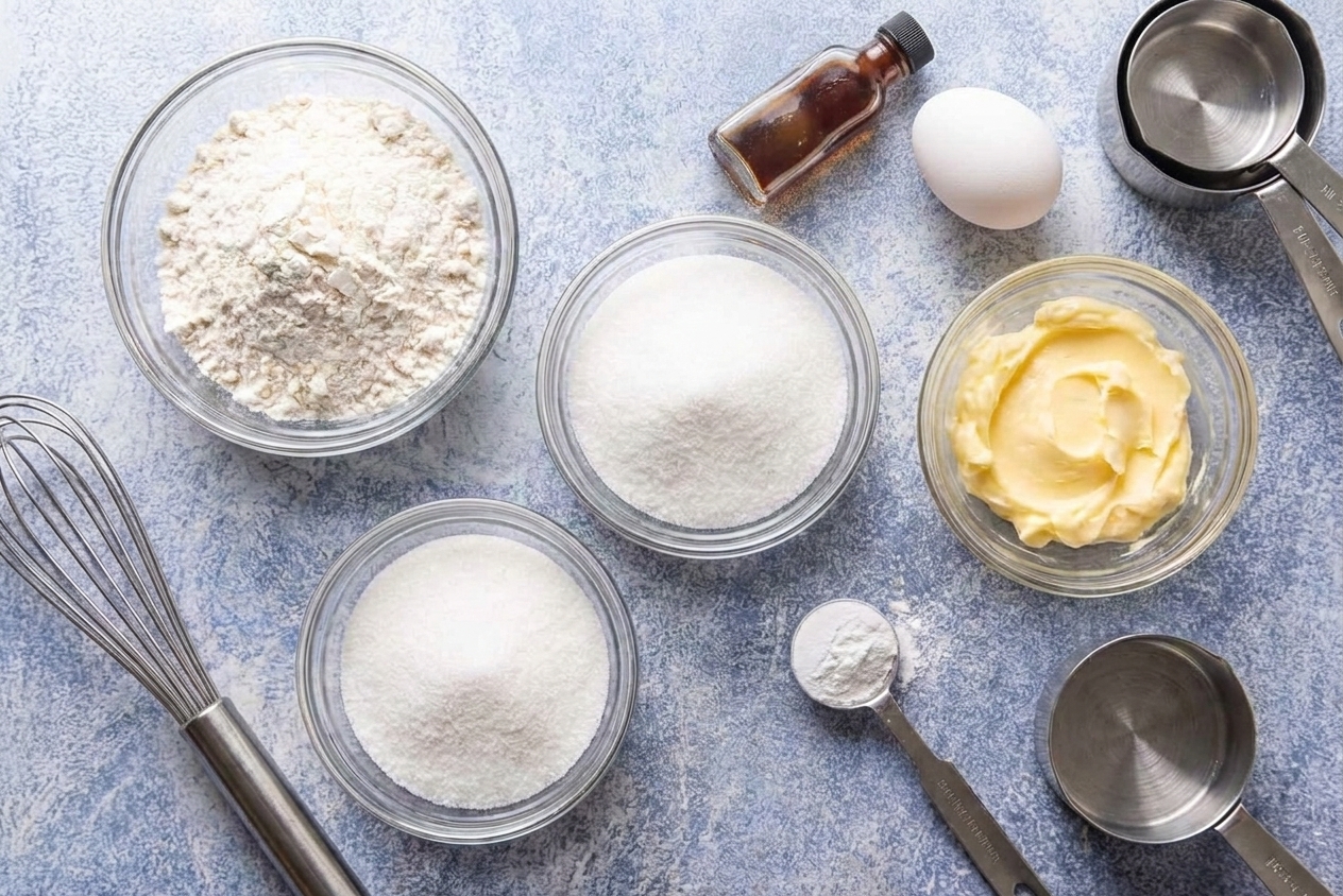 Gluten free baking staples for sugar cookies including flour blend, butter, sugar, egg, and vanilla on a kitchen counter