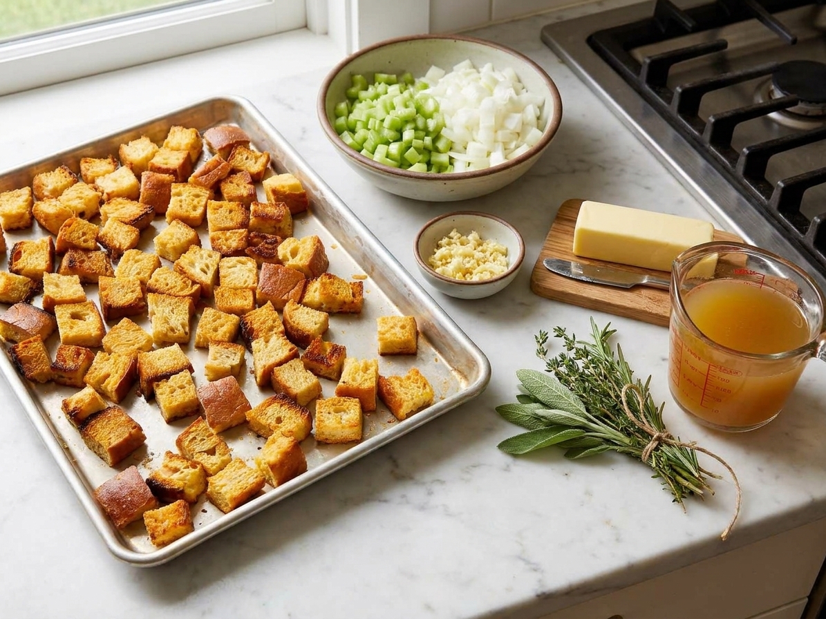 Gluten free bread cubes, butter, chopped celery, chopped onion, fresh herbs, and broth arranged on a bright kitchen counter