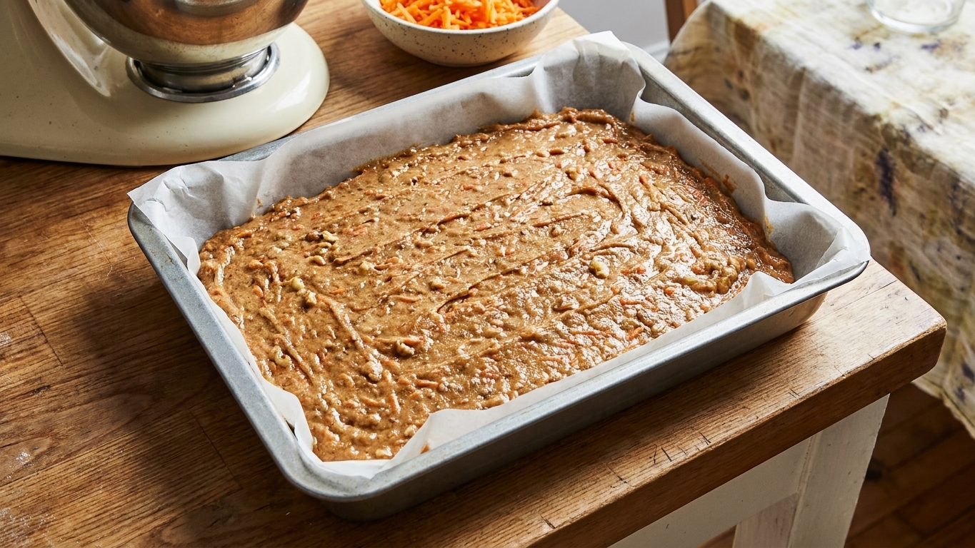 Gluten free carrot cake batter smoothed into a parchment-lined 9x13 baking pan on a kitchen counter