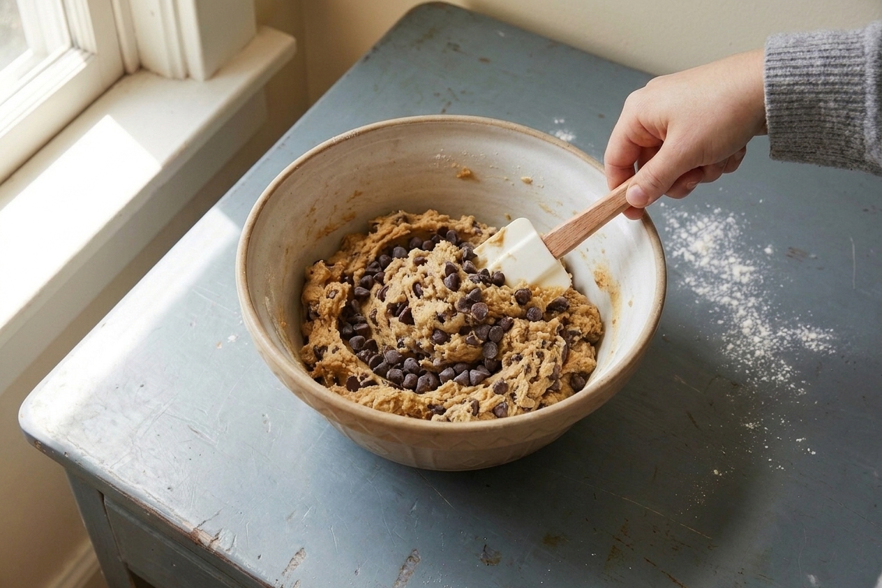 Gluten free chocolate chip cookie dough in a mixing bowl with chocolate chips folded in on a light colored kitchen counter