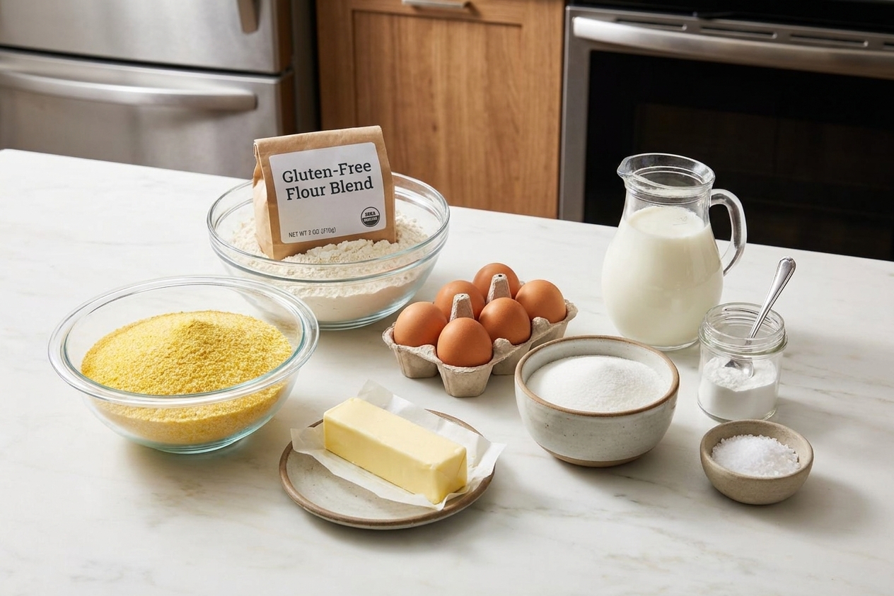 Gluten free cornbread ingredients arranged on a bright kitchen counter including cornmeal, gluten free flour blend, eggs, milk, butter, sugar, baking powder, and salt