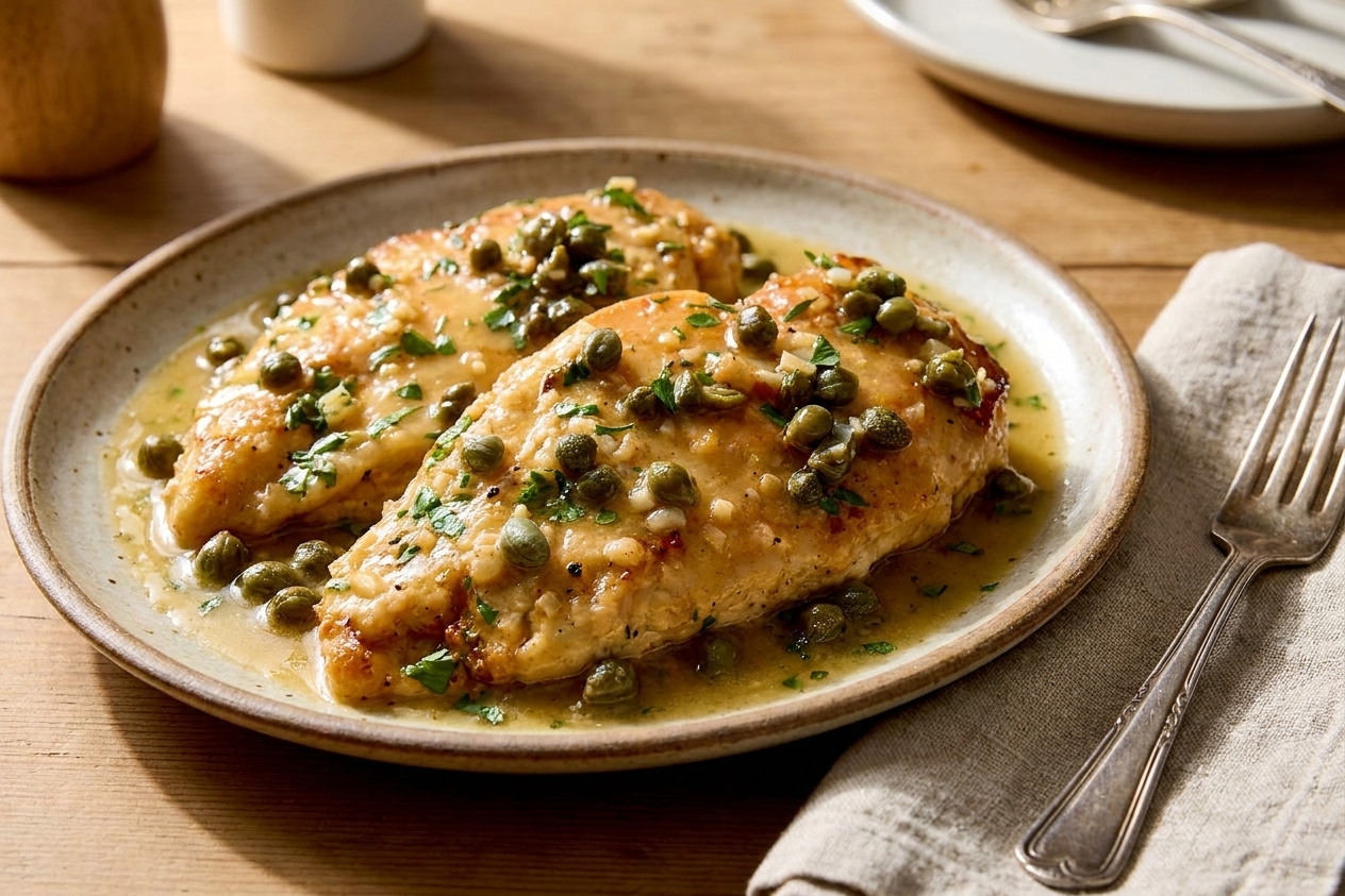 Gluten-free dairy-free chicken piccata plated with extra capers and parsley, with a simple table setting and linen napkin in warm natural light