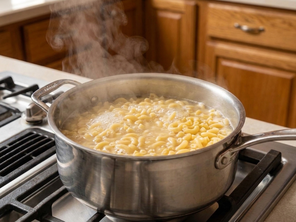 Gluten free elbow pasta boiling in a large pot of water on a stovetop