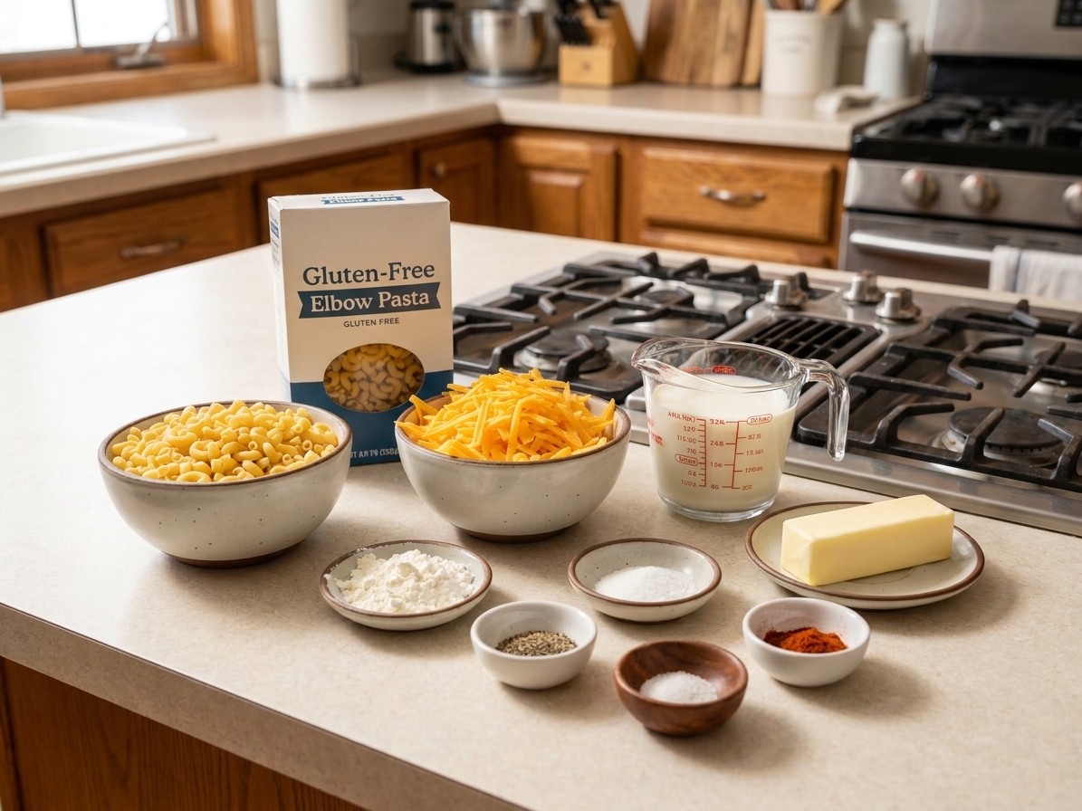 Gluten free elbow pasta, shredded cheddar, milk, butter, cornstarch, and seasonings arranged on a bright kitchen counter