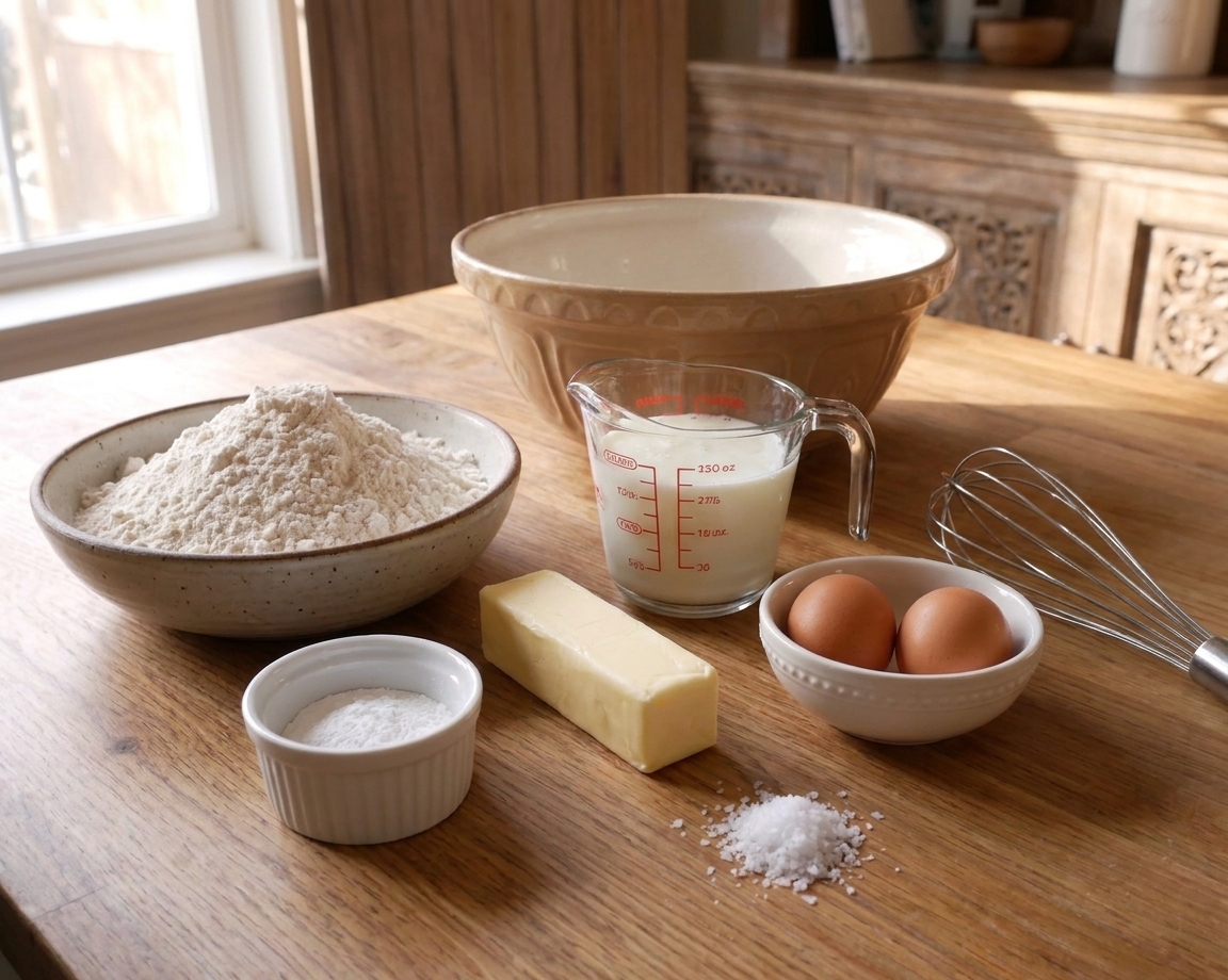 Gluten free flour blend, baking powder, butter, buttermilk, eggs, and salt arranged on a clean kitchen counter in natural light
