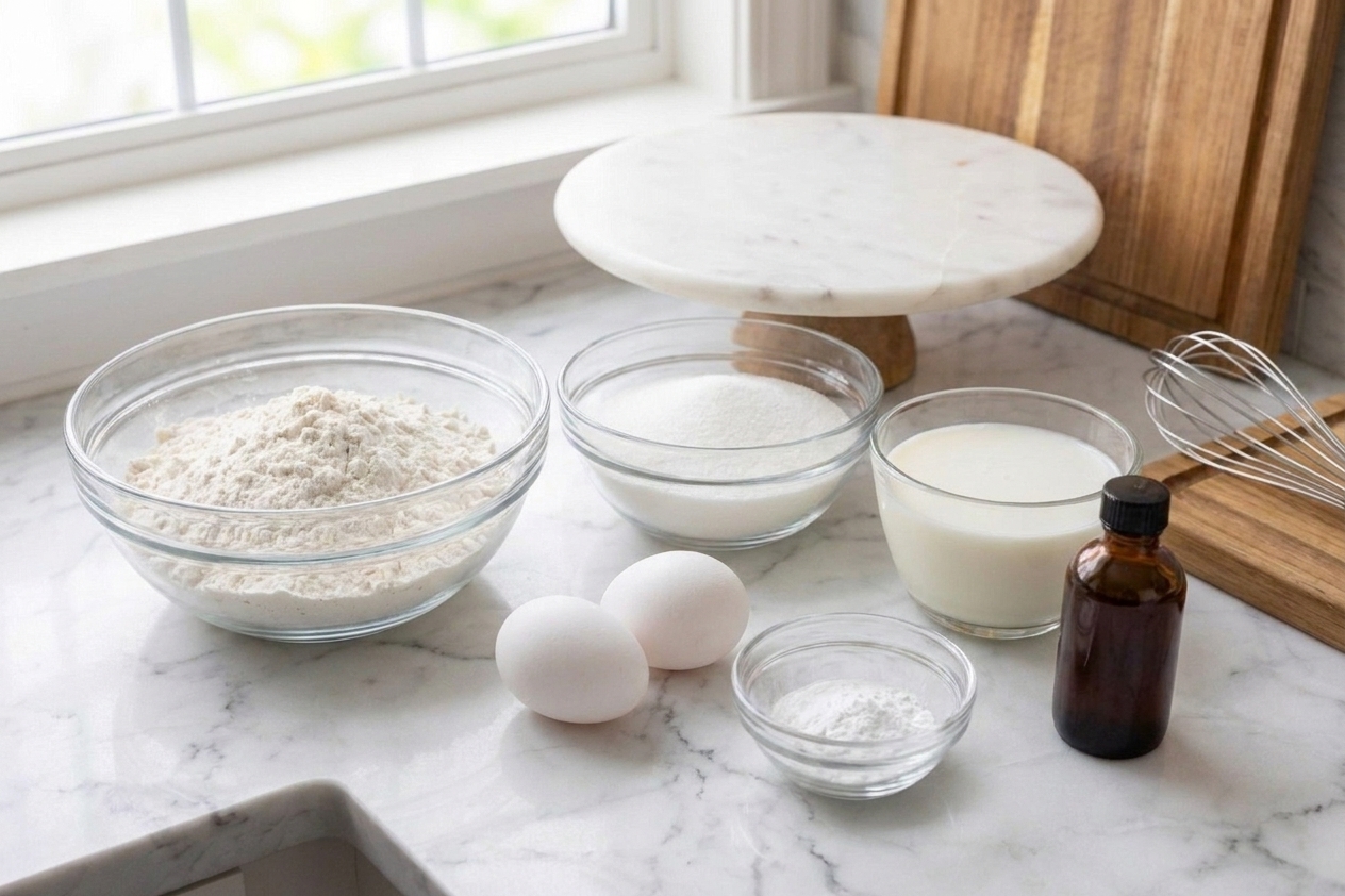 Gluten free flour blend, baking powder, sugar, eggs, milk, and vanilla extract arranged on a kitchen counter ready for baking