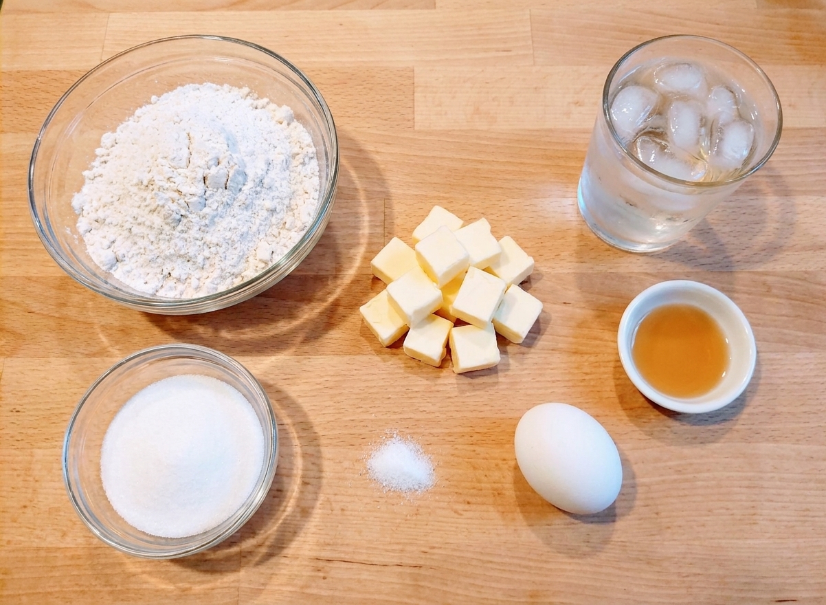 Gluten free flour blend, cold butter cubes, sugar, salt, egg, apple cider vinegar, and ice water arranged on a light kitchen counter