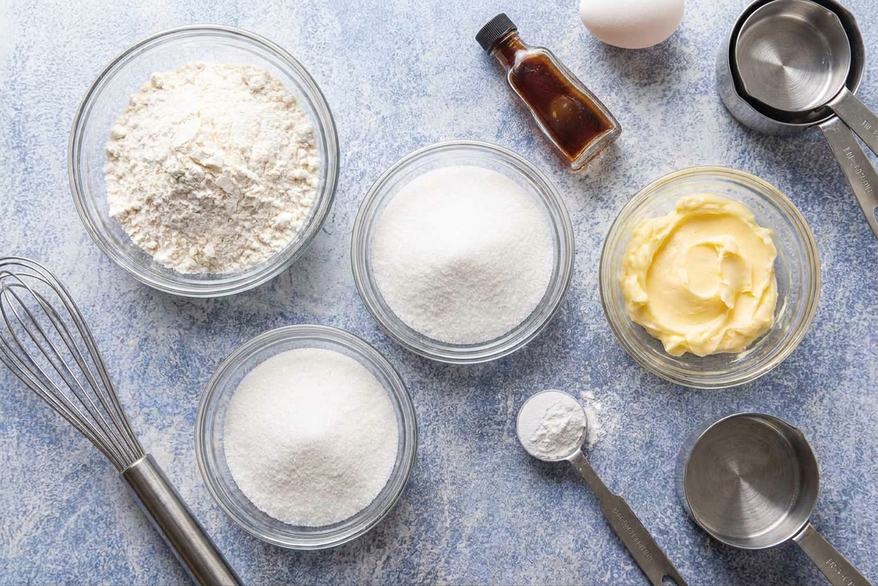 Gluten free flour blend, sugar, butter, eggs, vanilla extract, and baking powder measured and arranged on a clean kitchen counter