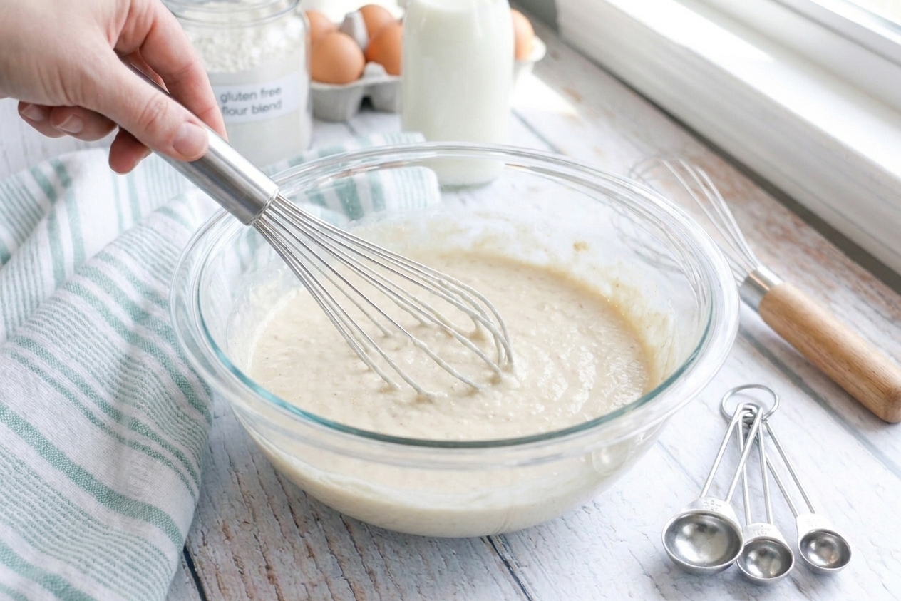 Gluten-free pancake batter being whisked in a glass bowl on a kitchen counter
