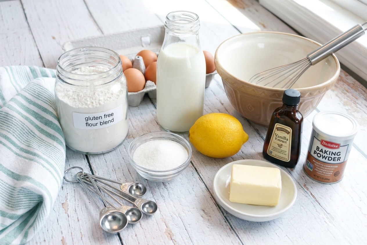 Gluten-free pancake ingredients arranged on a clean kitchen counter including gluten-free flour blend, eggs, milk, lemon, baking powder, sugar, butter, and vanilla