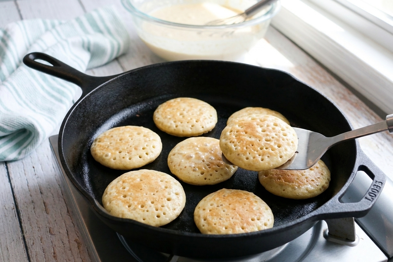 Gluten-free pancake rounds cooking in a skillet with bubbles forming on the surface