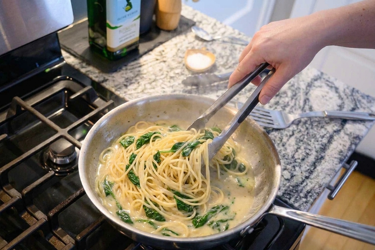 Gluten free pasta being tossed in a skillet with wilted spinach and creamy lemon sauce using tongs